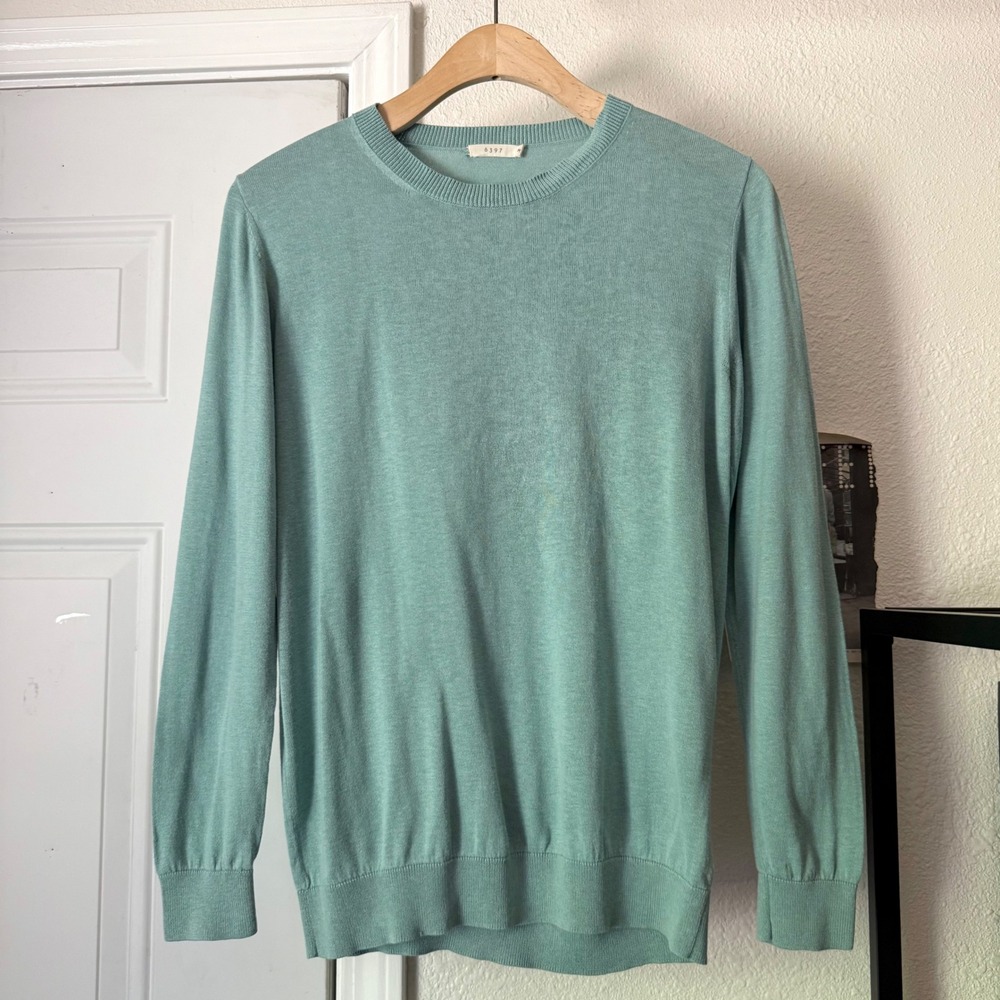 6397 seafoam green silk cotton knit crew neck long sleeve pullover sweater